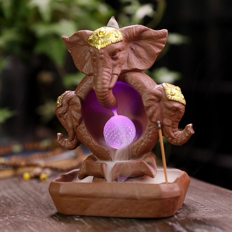 Majestic Elephant Back Flow Incense Holder With Led Light