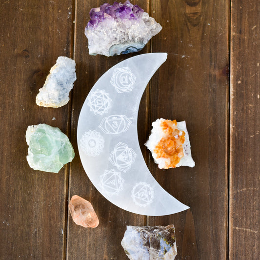 7 Chakras Crescent Moon Selenite Charging Plate