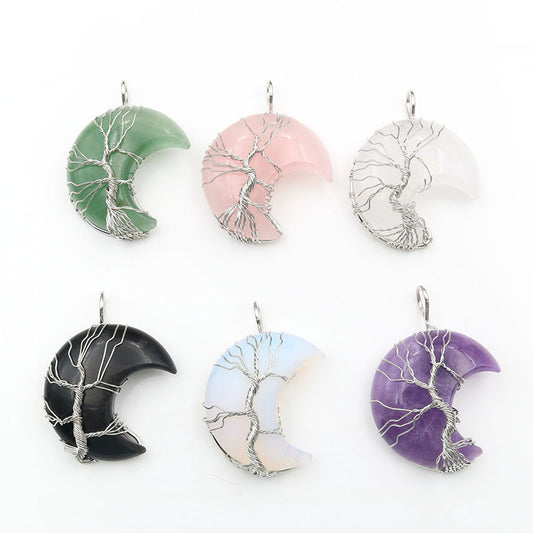 Handmade Natural Crystal Moon Tree Of Life Necklace