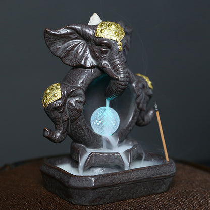 Majestic Elephant Back Flow Incense Holder With Led Light