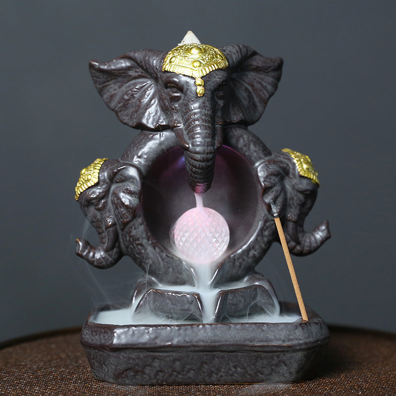 Majestic Elephant Back Flow Incense Holder With Led Light
