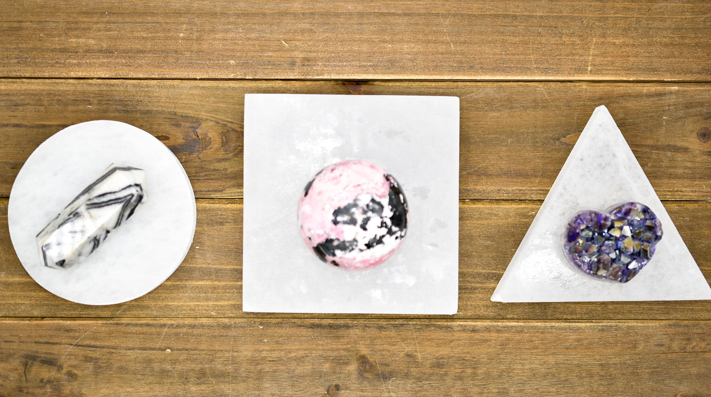 Selenite Shapes Charging Plates – Sacred Geometry for Crystal Cleansing