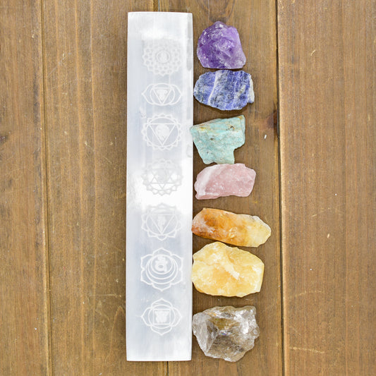 7 Chakra Engraved Selenite Charging Bar – 8" Polished Crystal Altar Tool