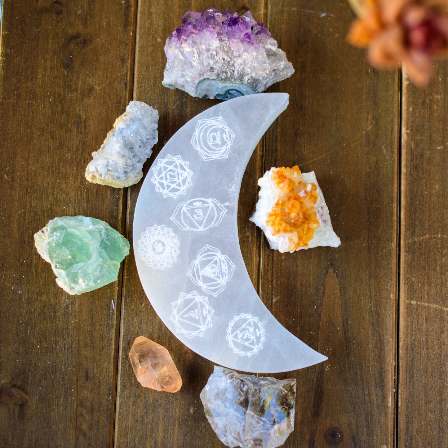 7 Chakras Crescent Moon Selenite Charging Plate