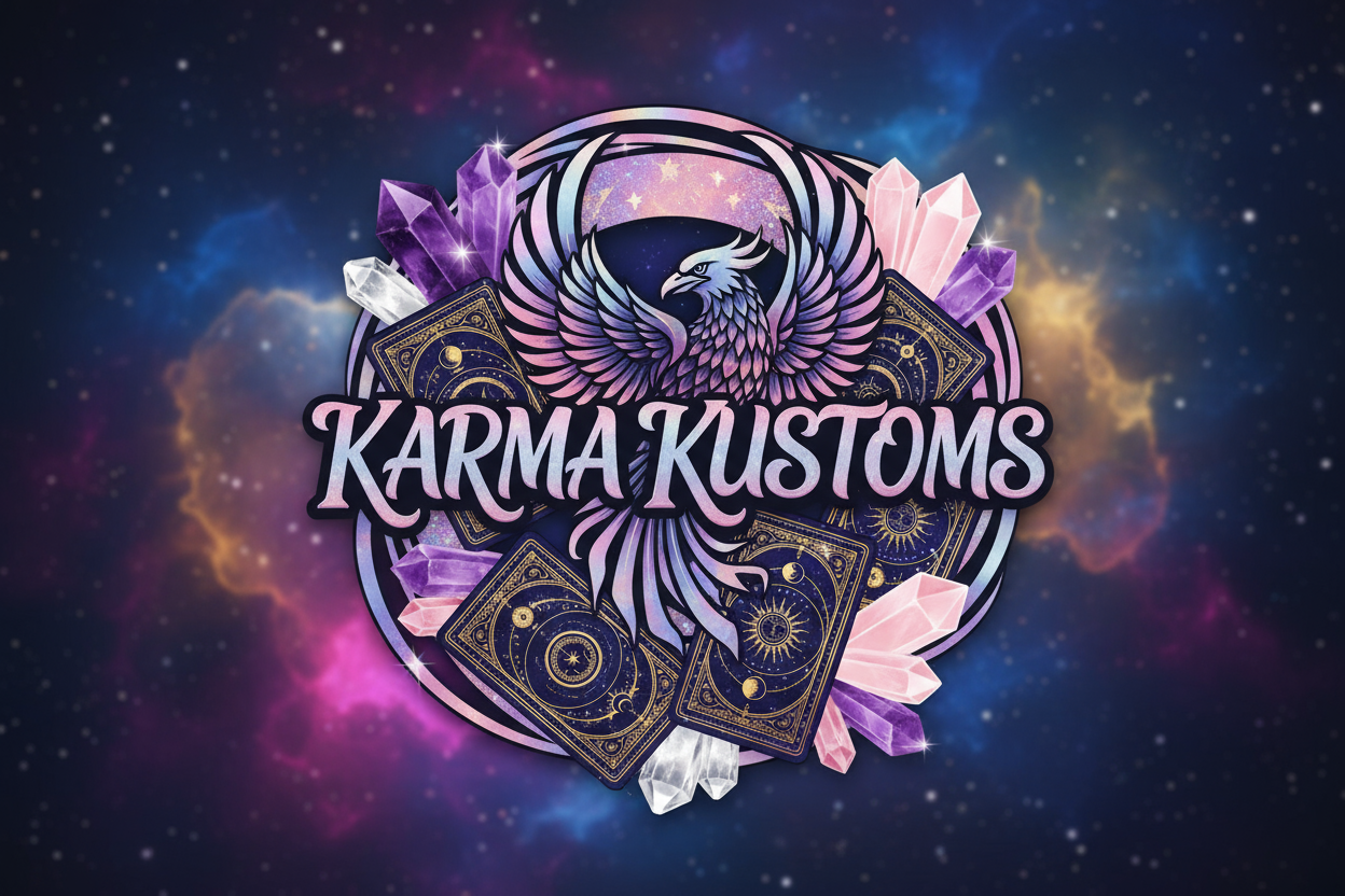 Generate a Karma Kustoms Logo with crystals and tarot cards in the background 